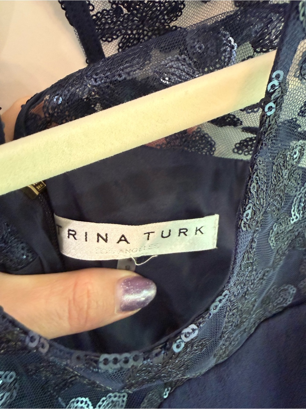 Trina Turk Navy Blue Sequin Floral Mesh Illusion Neck Shift Dress Size 4 - Picture 3 of 6